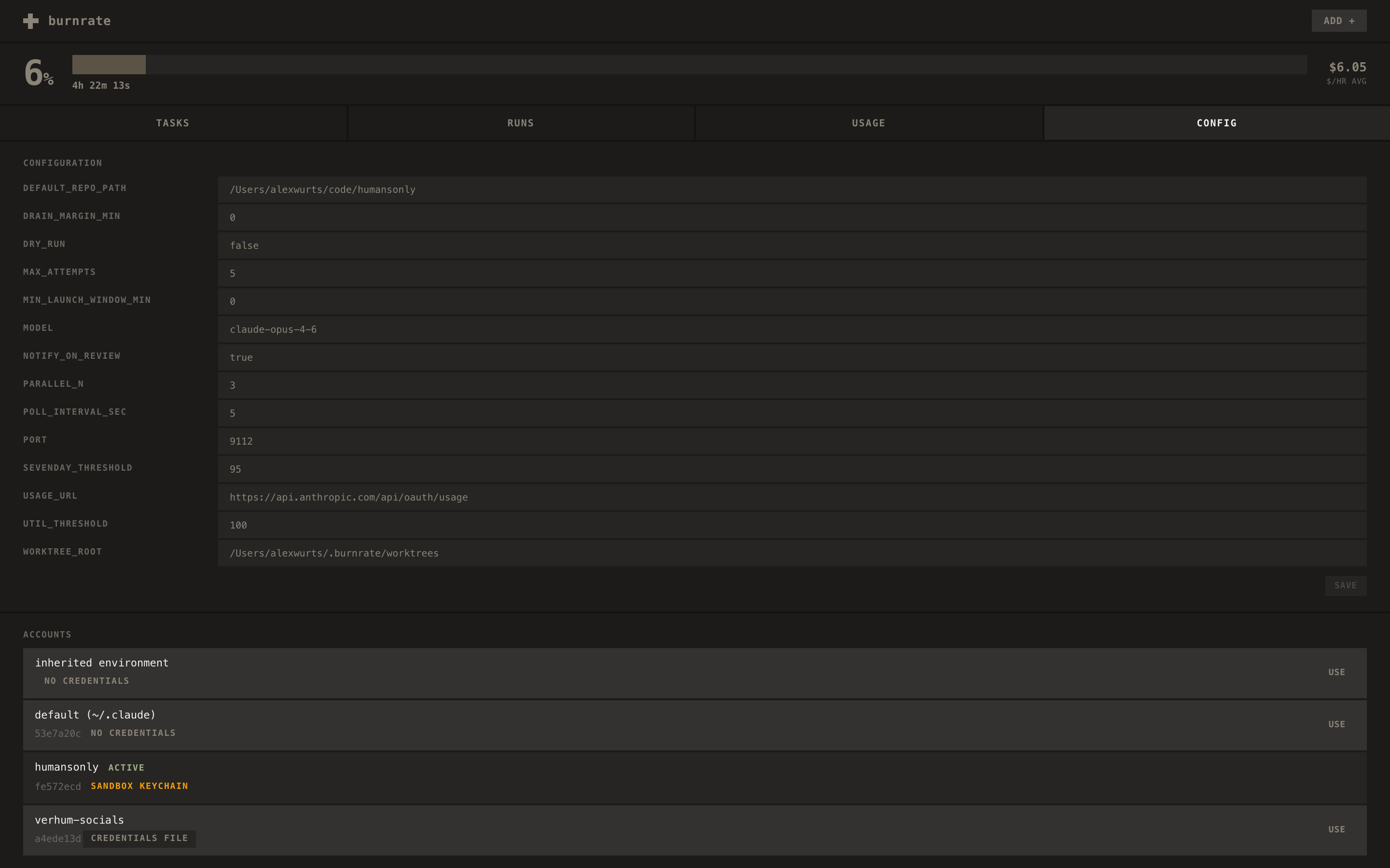burnrate Config tab
